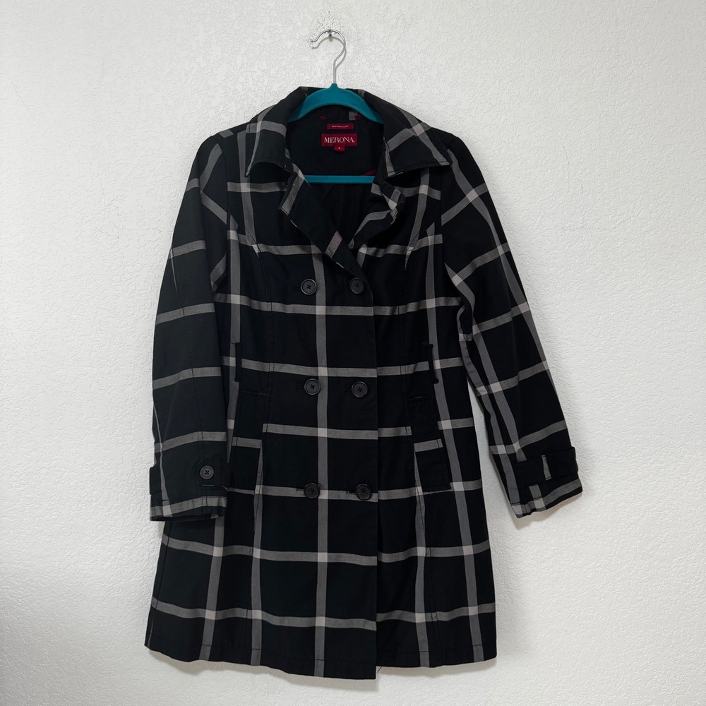 Merona Womens Black Plaid Double Breasted Water Repellent Trench Coat Size S